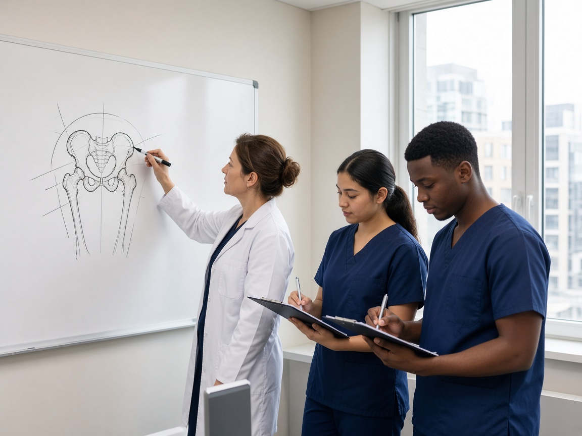 A mentor teaching two medical students in navy scrubs at a whiteboard in a bright classroom