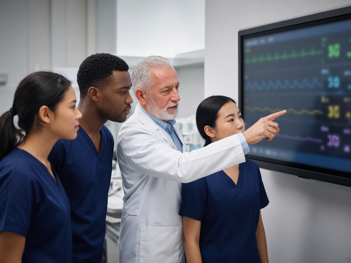 A mentor and medical students in navy scrubs reviewing clinical information on a wall-mounted monitor