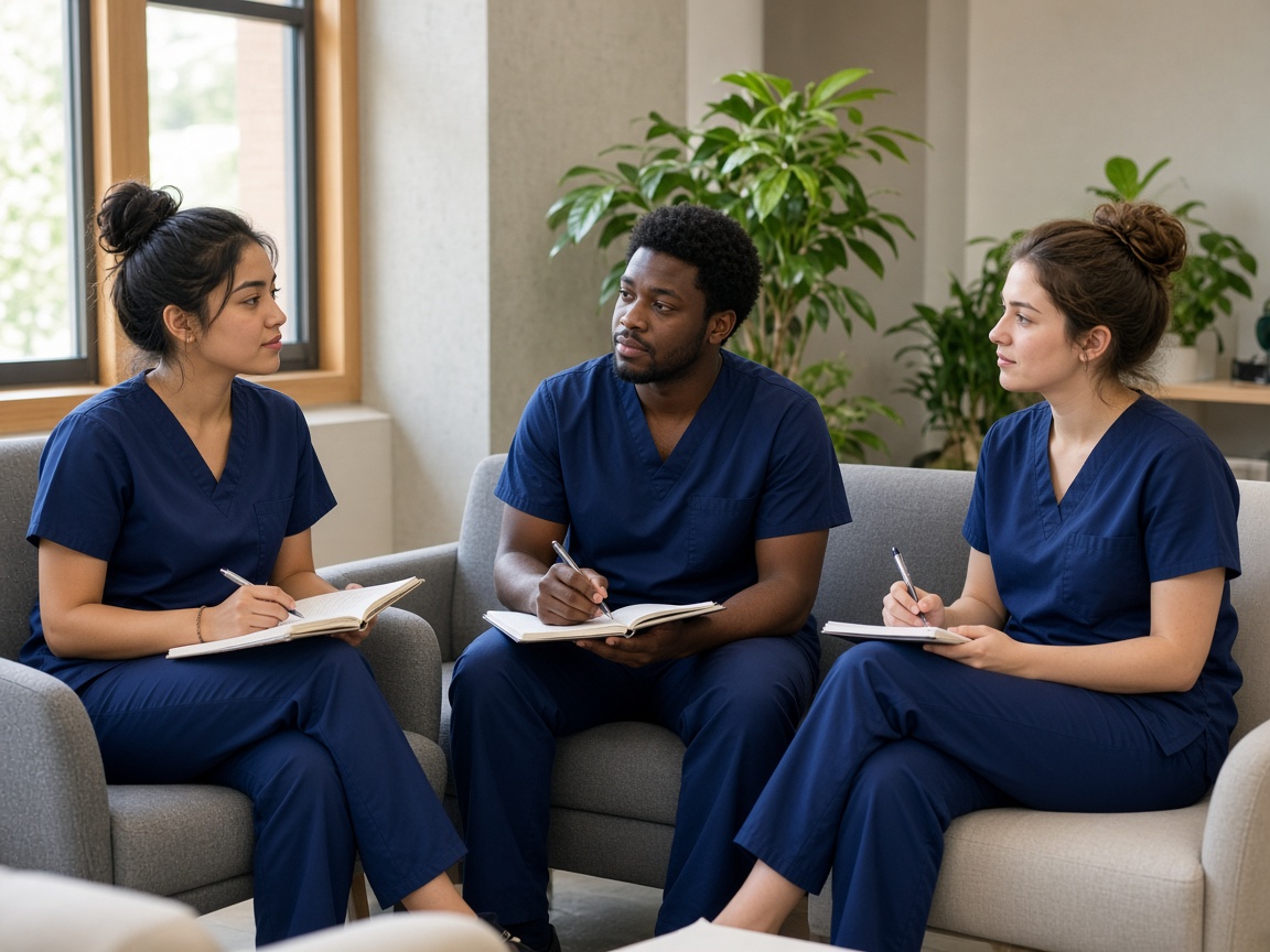 Three medical students in navy scrubs having a reflective discussion in a bright education lounge