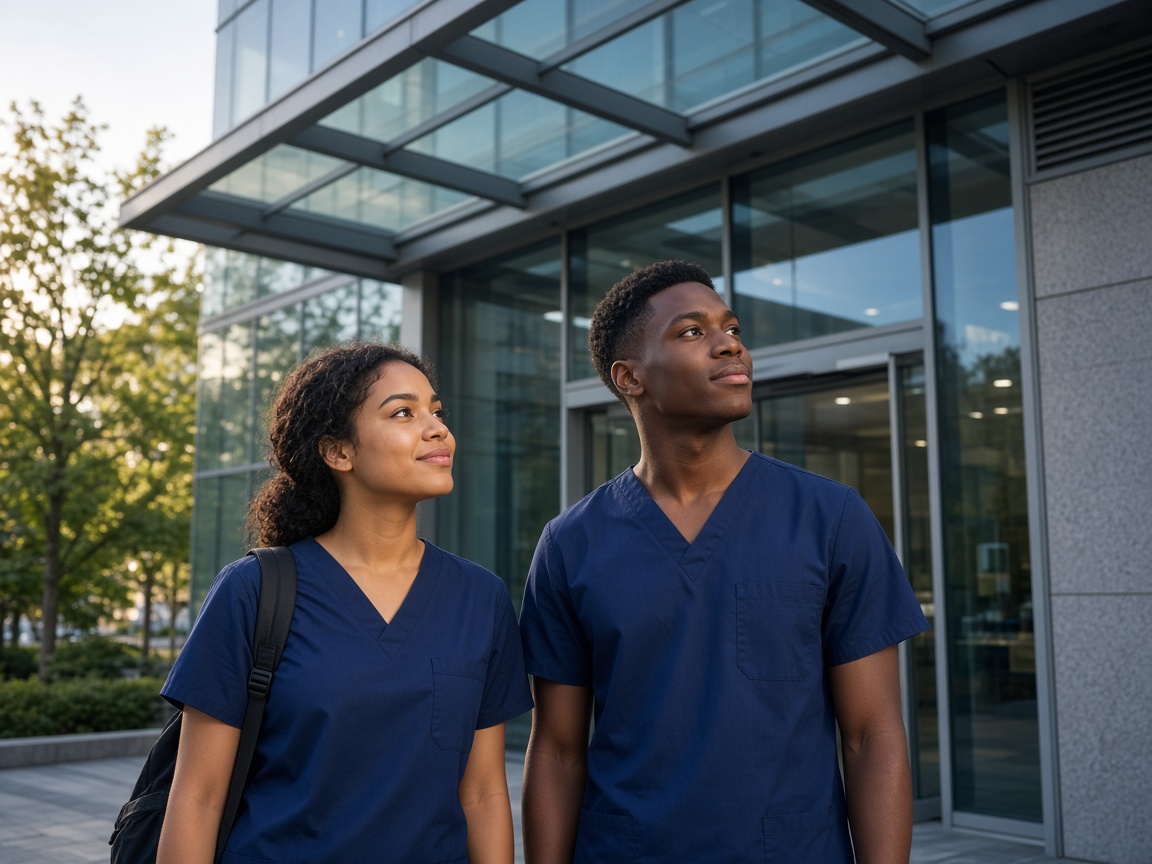 Two medical students in navy scrubs standing outside a modern hospital entrance